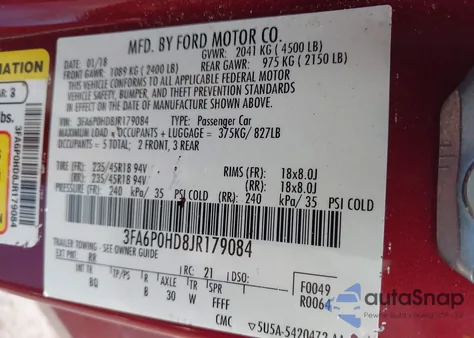 2018 Ford Fusion Se from USA, damaged, VIN 3FA6P0HD8JR179084